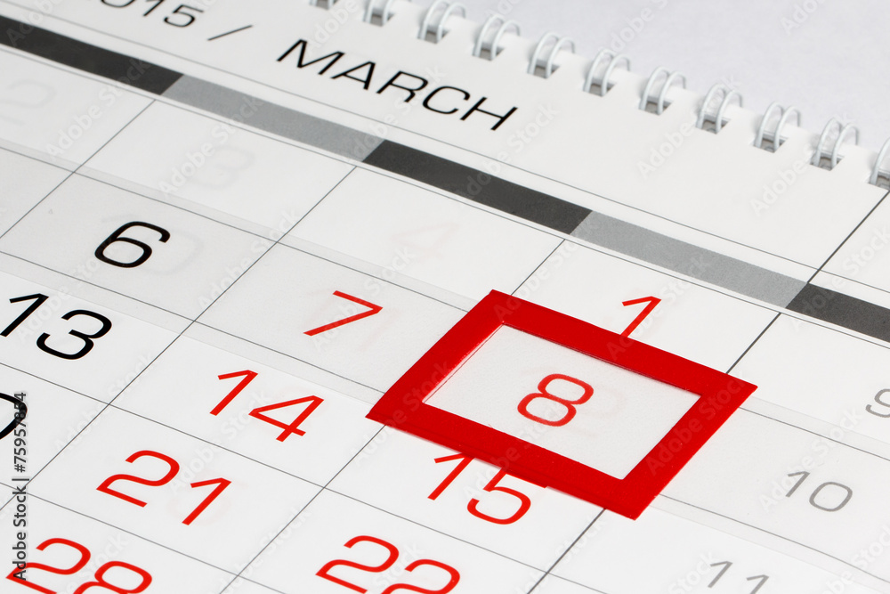 Calendar page with marked date 8 of March Calendar page with marked date 8 of March
