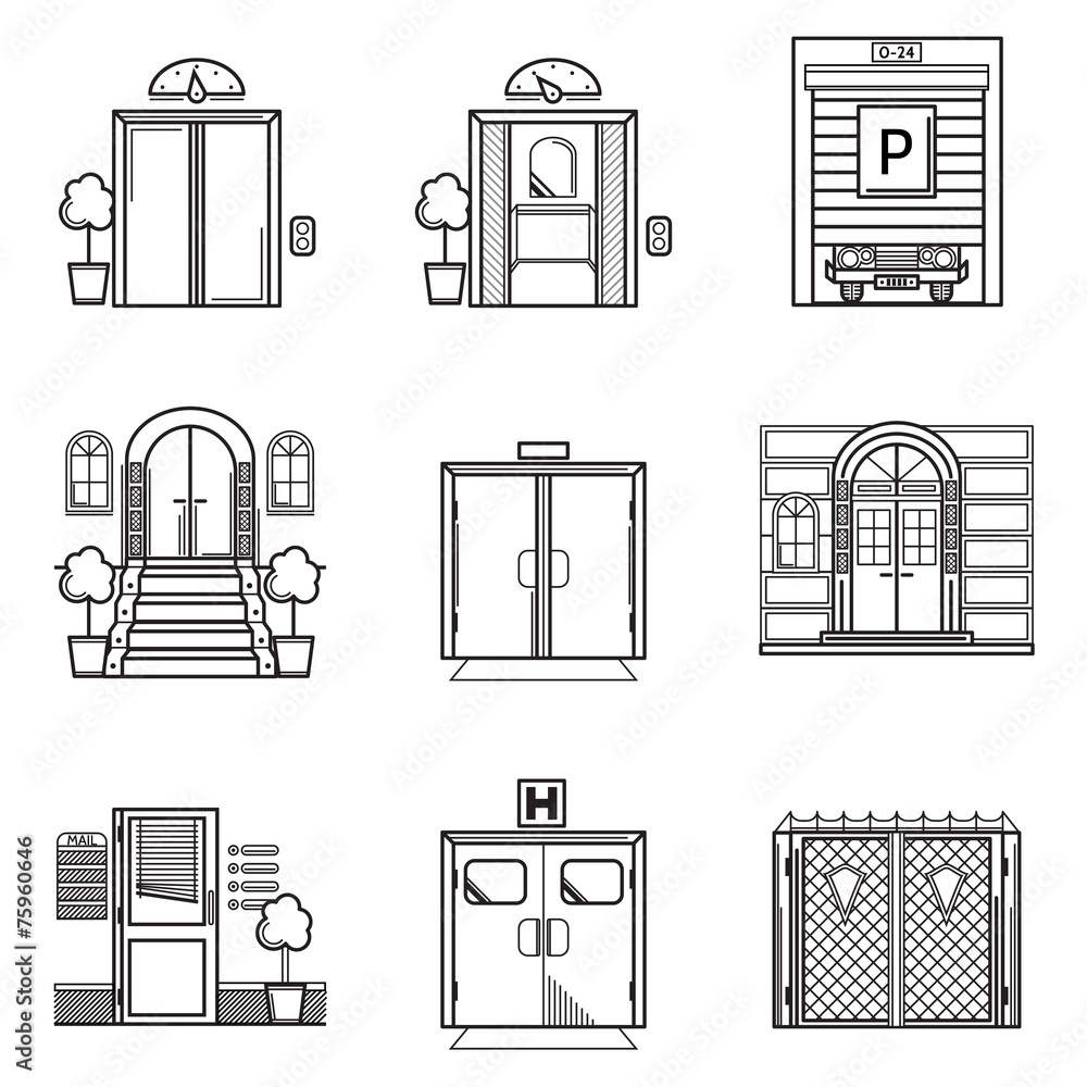 Black contour vector icons for door Black contour vector icons for door
