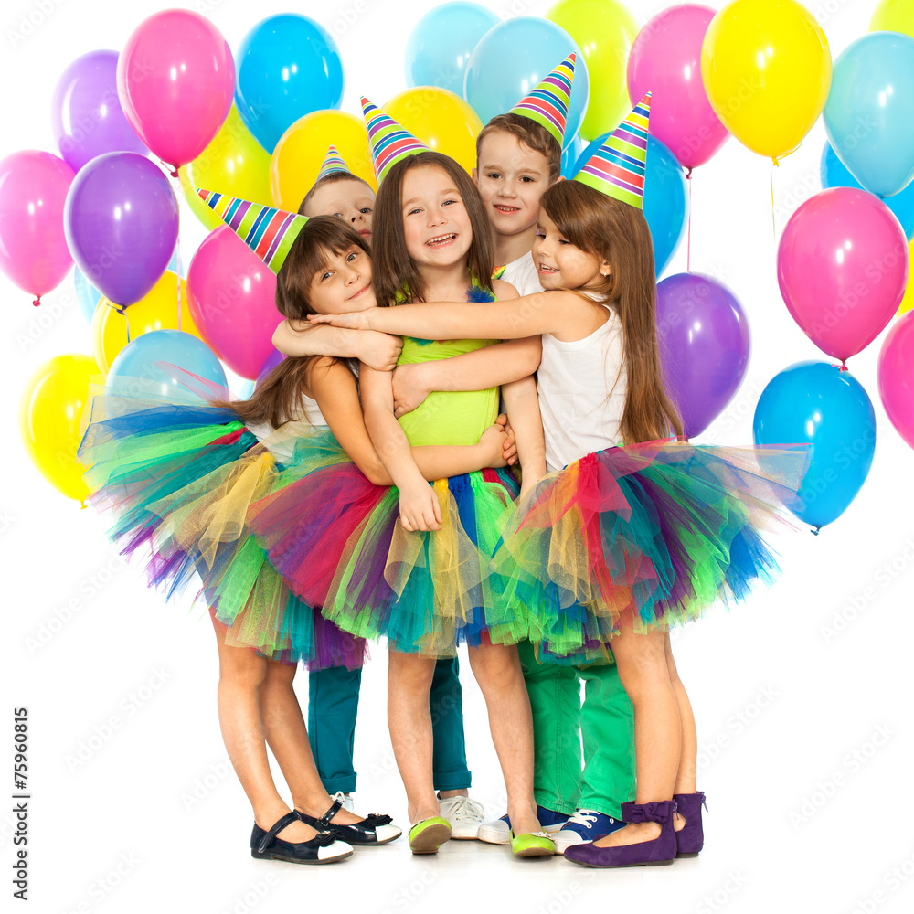 Group of joyful little kids having fun at birthday party - obrazy, fototapety, plakaty 