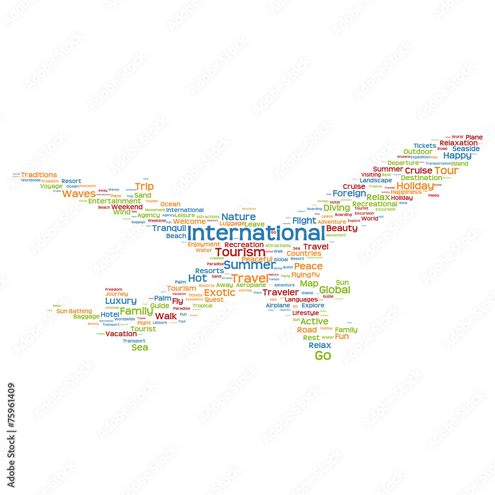 Conceptual international travel or tourism plane word cloud