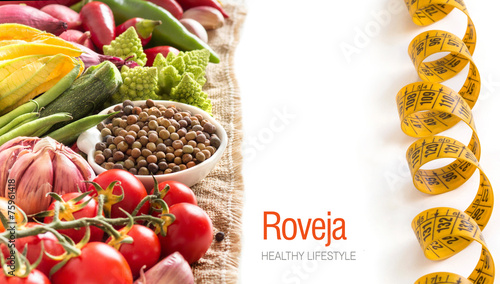 Raw organic roveja beans and vegetables