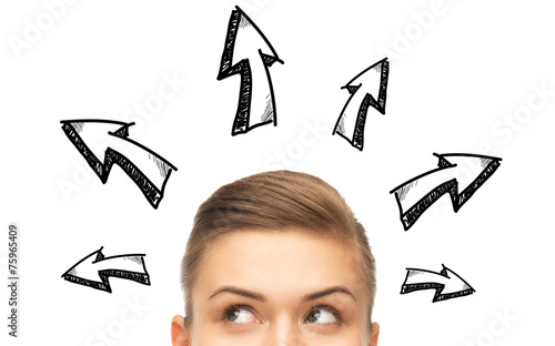 Photography close up of woman looking to arrow doodles