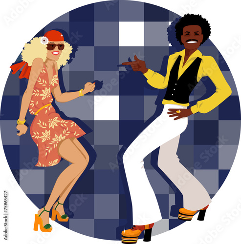 Couple dressed in 1970s fashion dancing disco
