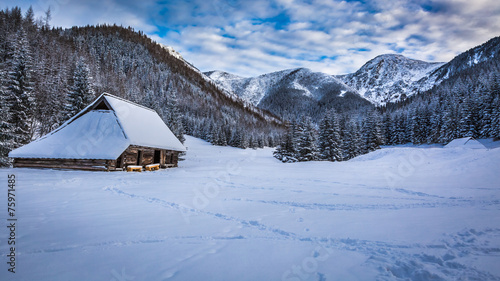 Old cottage in winter mount...