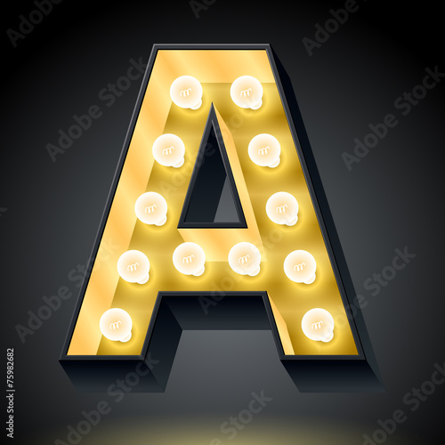 Realistic dark lamp alphabet for light board. Letter a