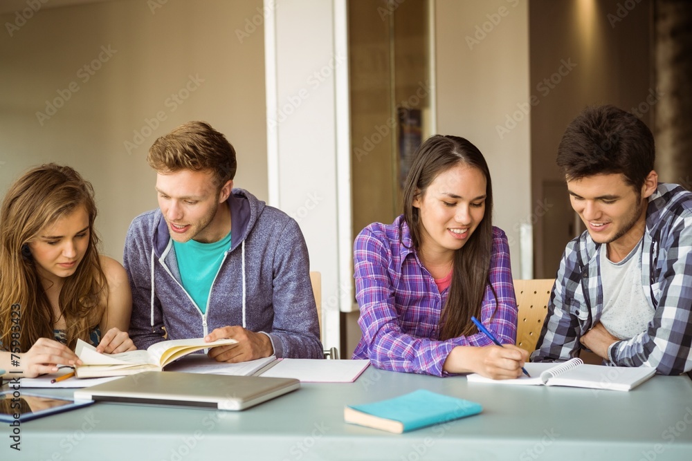 Smiling friends students revising together Smiling friends students revising together