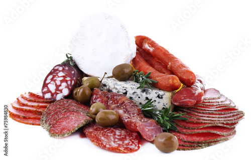 Assortment of smoked sausages with cheese isolated on white