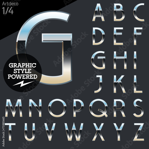 Silver chrome and aluminum vector alphabet set. Artdeco normal