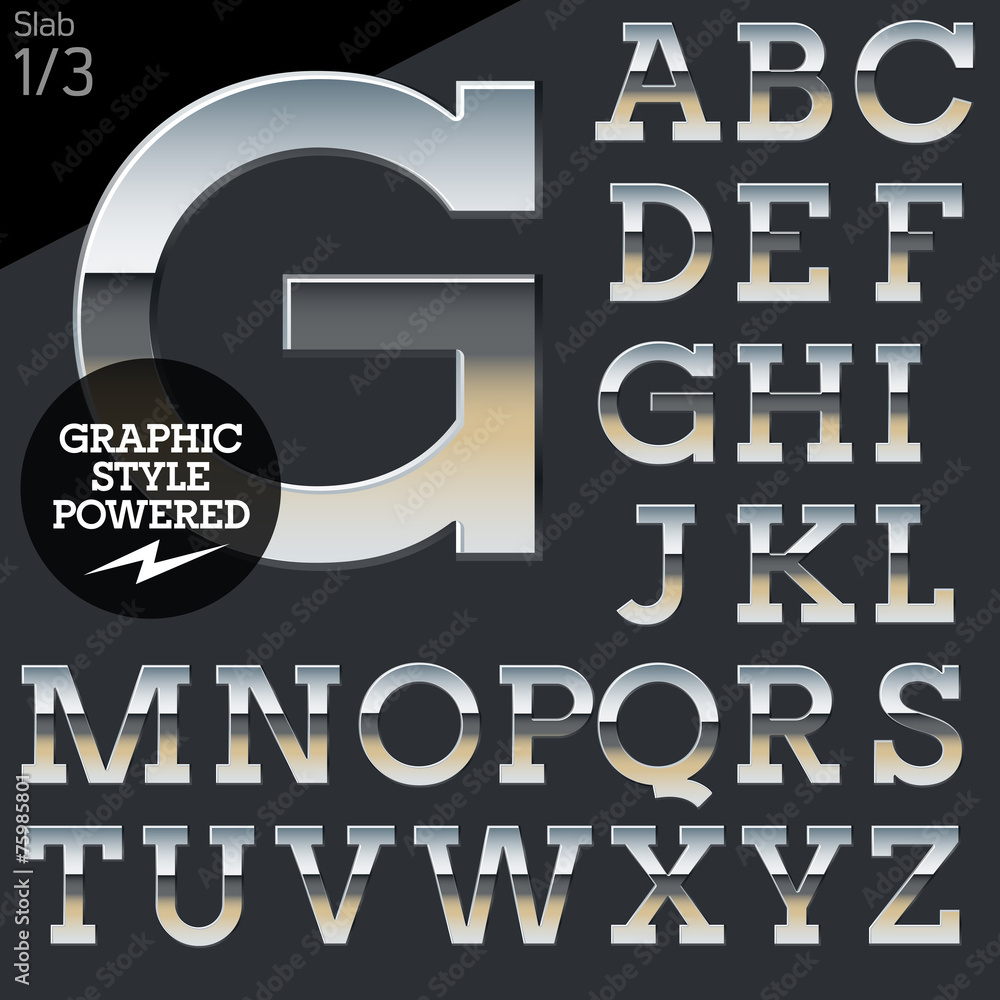 Silver chrome and aluminum vector alphabet set. Slab Silver chrome and aluminum vector alphabet set. Slab