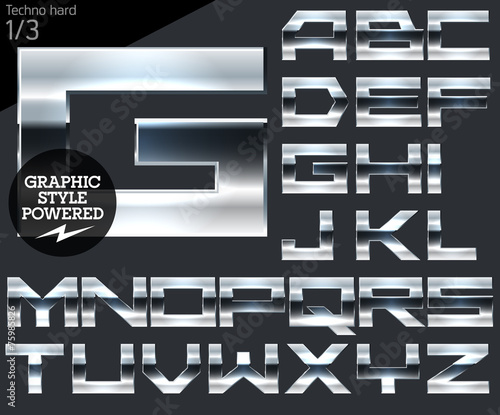 Silver chrome and aluminum vector alphabet set. Techno