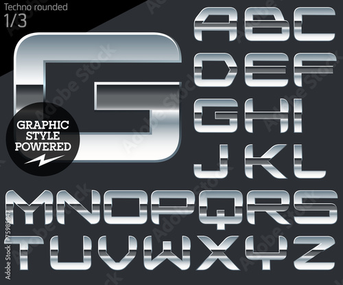 Silver chrome and aluminum vector alphabet set. Techno rounded