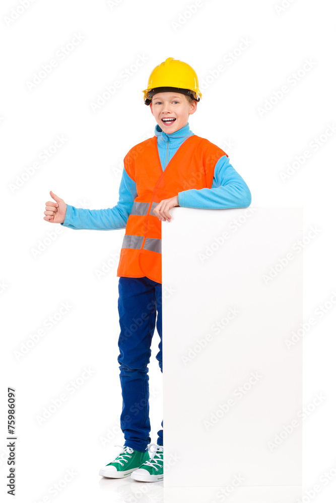 Little construction worker showing thumb up Little construction worker showing thumb up