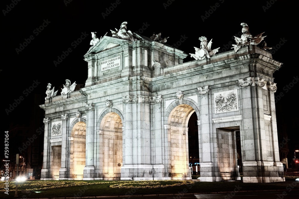 Night view of Alcala Gate in Madrid, Spain