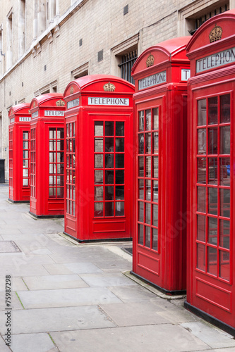 Traditional red telephone booths in London