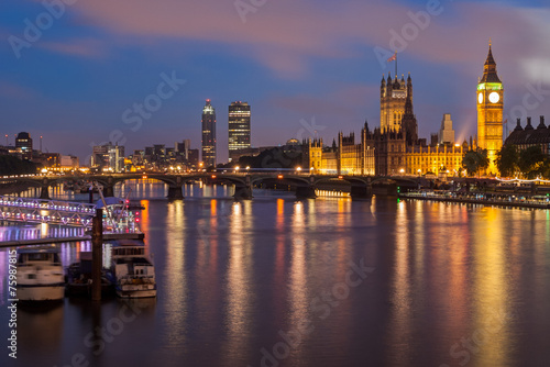 Big Ben and Westminster Bridge at dusk  London  UK