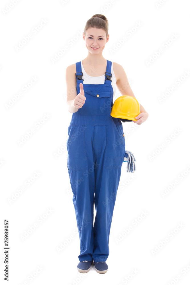 young attractive woman builder in workwear thumbs up isolated on young attractive woman builder in workwear thumbs up isolated on