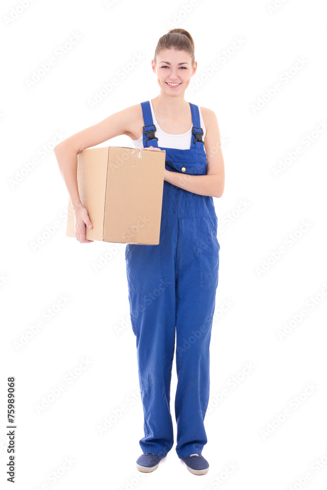 young attractive woman in blue workwear holding cardboard box is young attractive woman in blue workwear holding cardboard box is