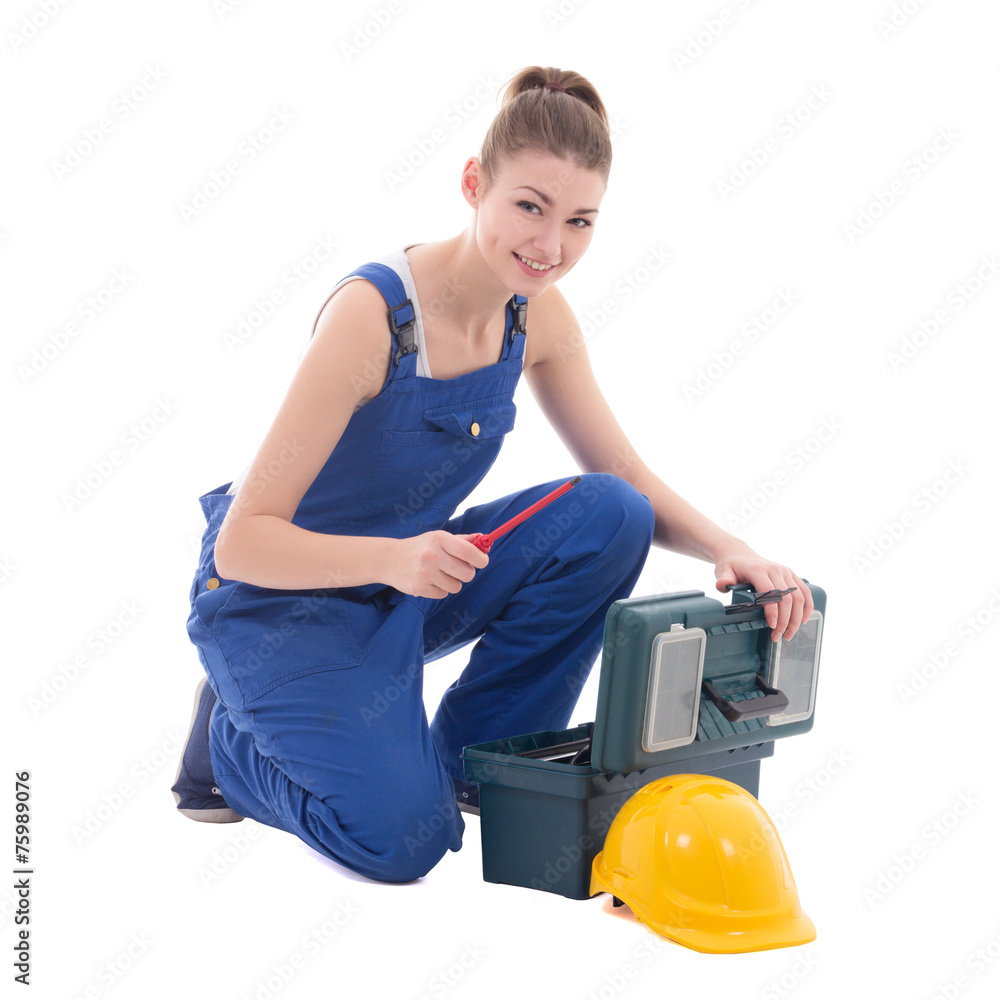 young attractive woman builder in workwear with toolbox isolated young attractive woman builder in workwear with toolbox isolated
