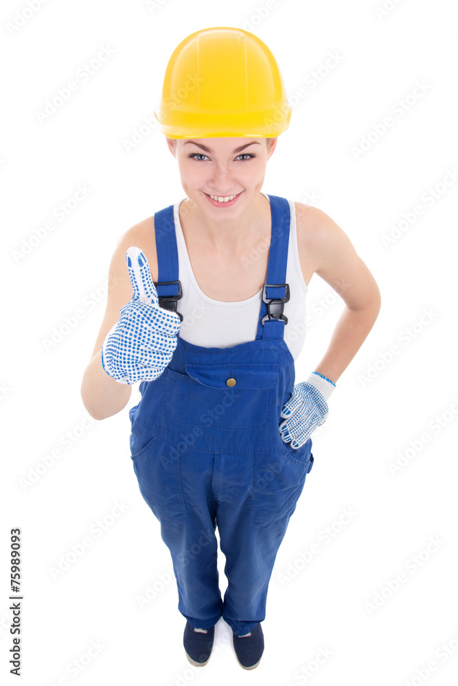 funny young attractive woman builder in workwear thumbs up isola funny young attractive woman builder in workwear thumbs up isola