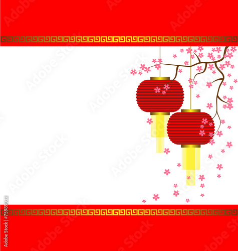 Lamp and Sakura on Chinese New Year Background