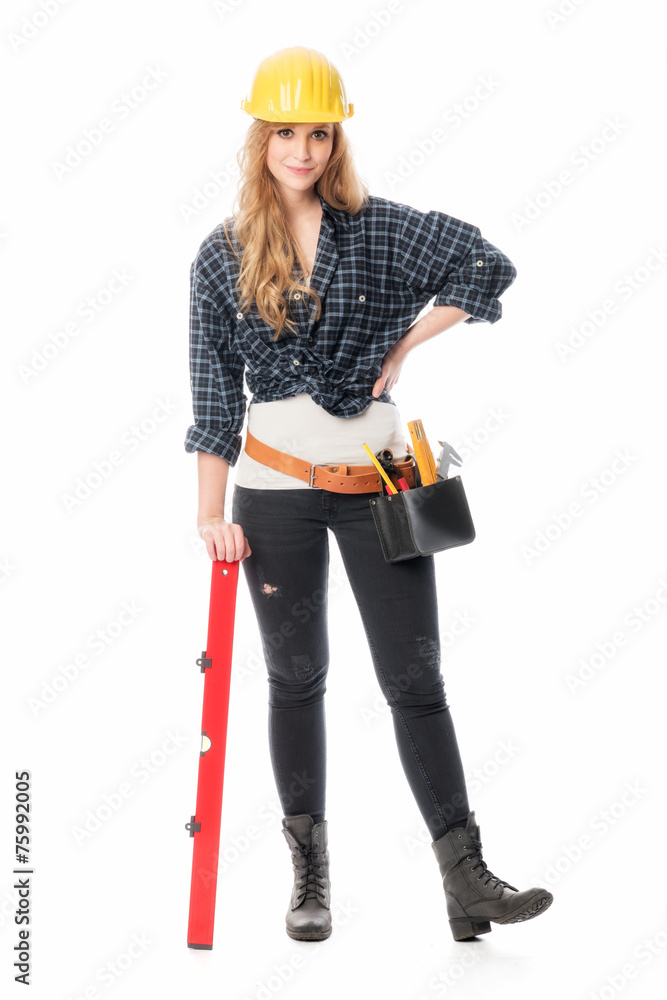 Handwerker mit Wasserwaage Handwerker mit Wasserwaage