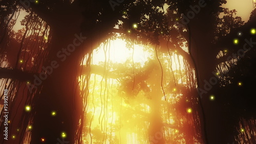 Mysterious Fairy Tale Fantasy Deep Jungle in Water with Fireflie