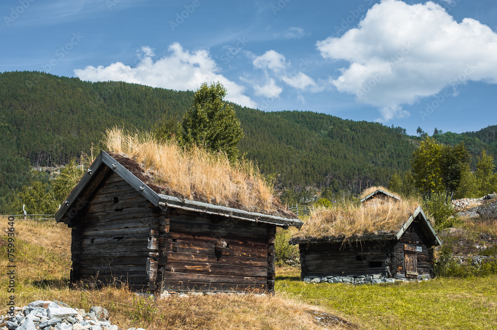 Ancient fisherman's wooden huts in ethnic park, Norway