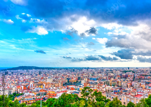 aerial view to the town from park Guell at Barcelona Spain. HDR