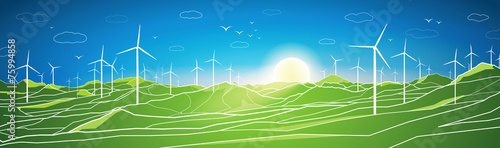 Ecology panorama, mountains landscape, windmills