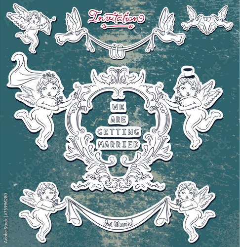 Set of wedding compositions with cupids and doves