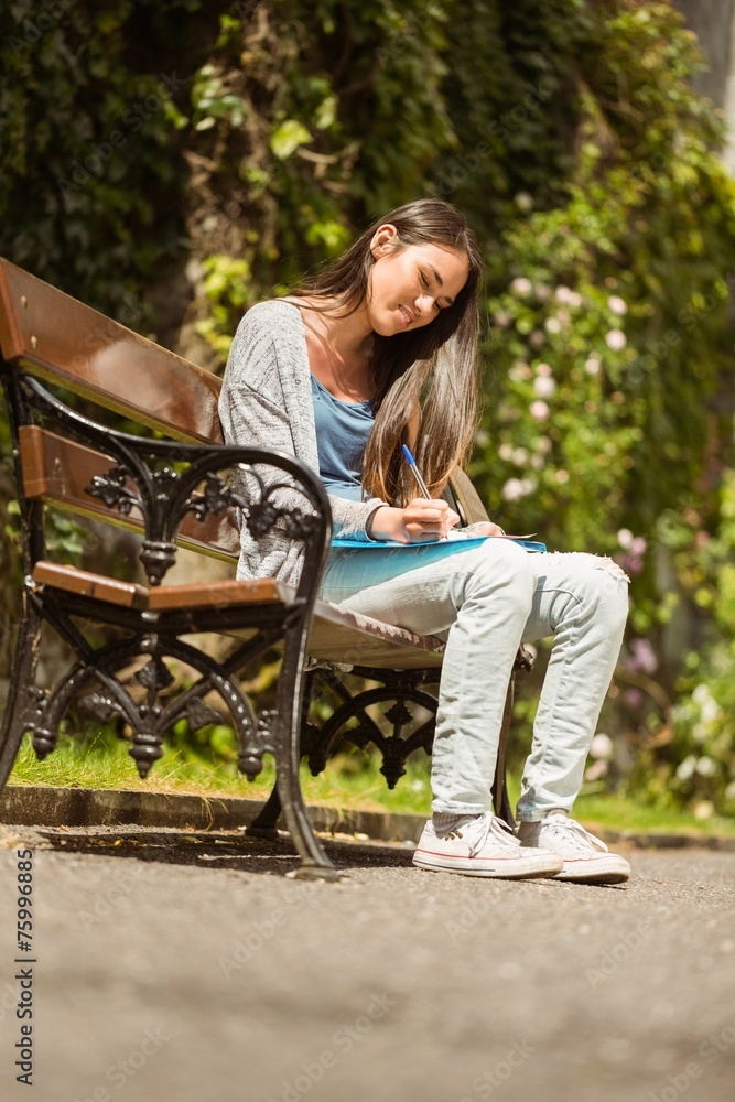 Smiling student sitting on bench and writing on notepad Smiling student sitting on bench and writing on notepad