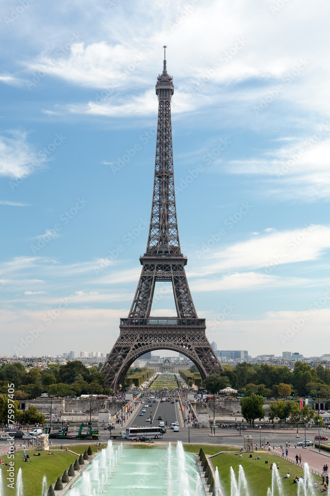 Paris - Eiffel Tower seen from fountain at Jardins du Trocadero