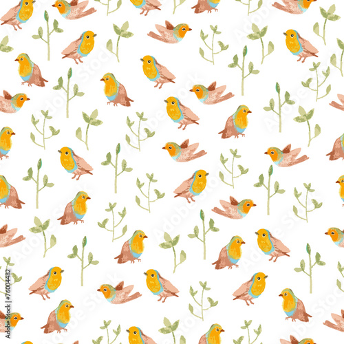 pencil sketch seamless pattern with flowers and bird robin