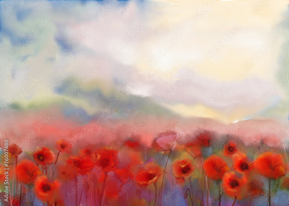 Red poppy flowers filed  watercolor painting - obrazy, fototapety, plakaty 