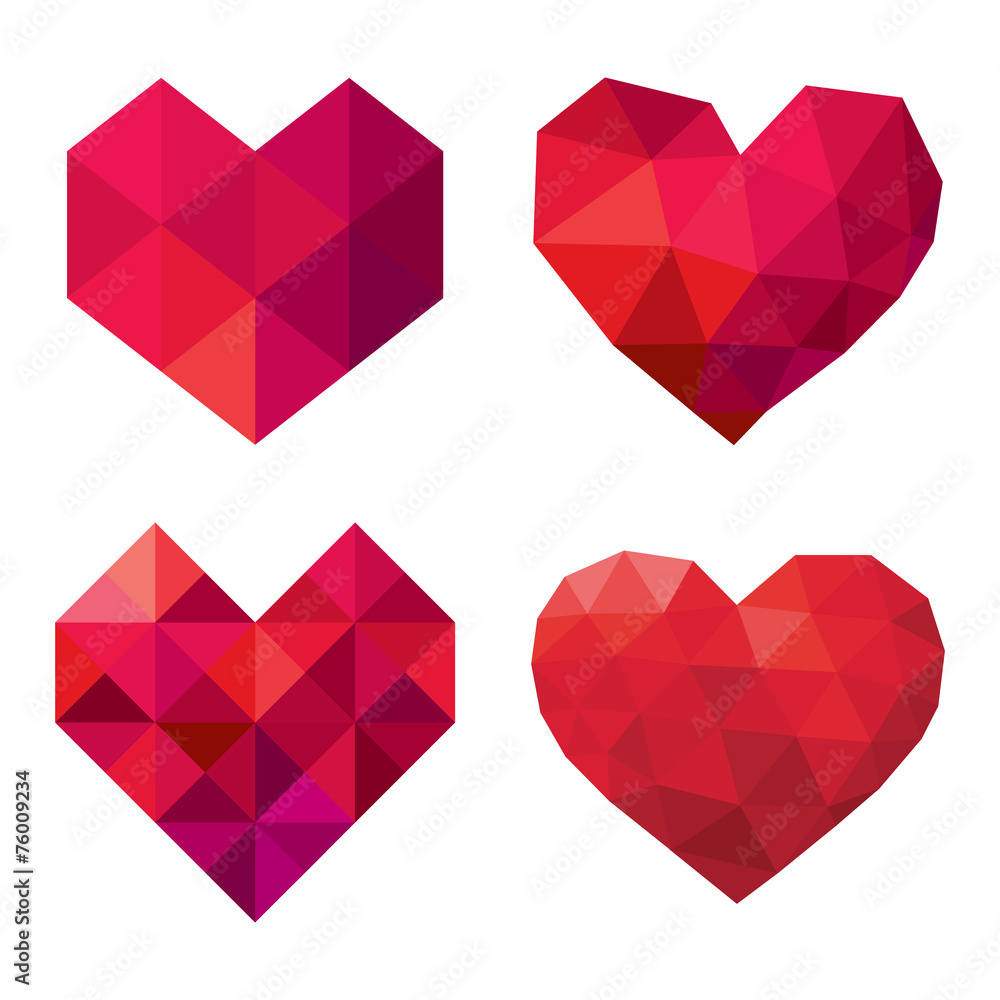 vector collection of polygonal red hearts on white background