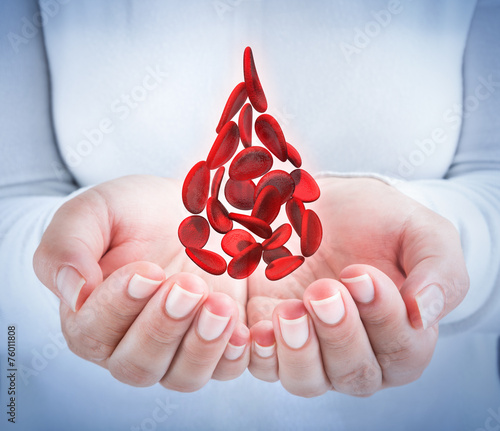 Obraz na plátne blood cells in hands - shaped blood drop - donation concept