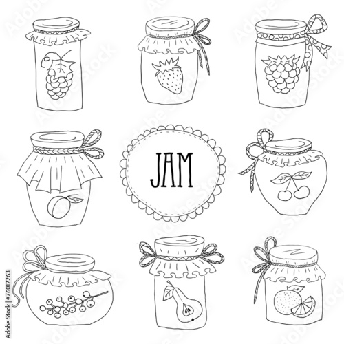 The set of hand drawn jars with home-made jams.