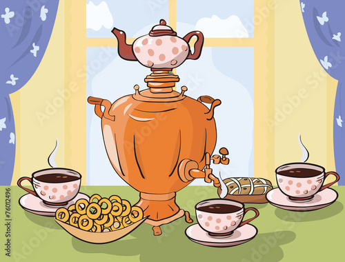 tea table with samovar in Russian or Slavic style
