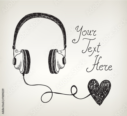 vector retro hand drawn doodle headphones, earphones with heart