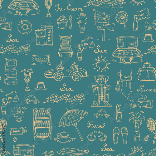 Vector pattern with hand drawn summer symbols on green