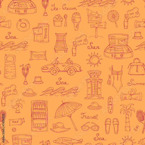 Vector pattern with hand drawn summer symbols on yellow