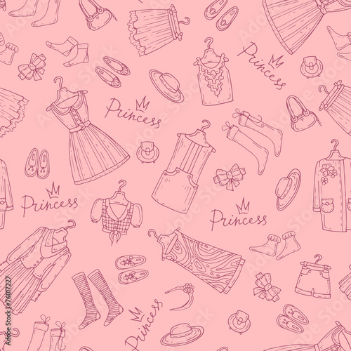 Vector pattern with hand drawn clothes for girls on beige color