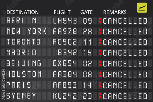 Airport billboard panel with cancelled flights