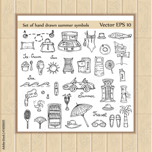 Vector set of hand drawn and isolated summer symbols