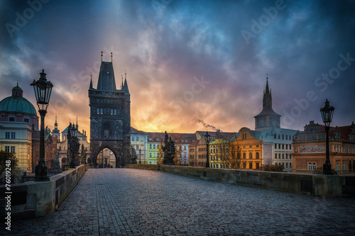 Photography Dramatic sunrise light on Prague as seen from the Charles bridge