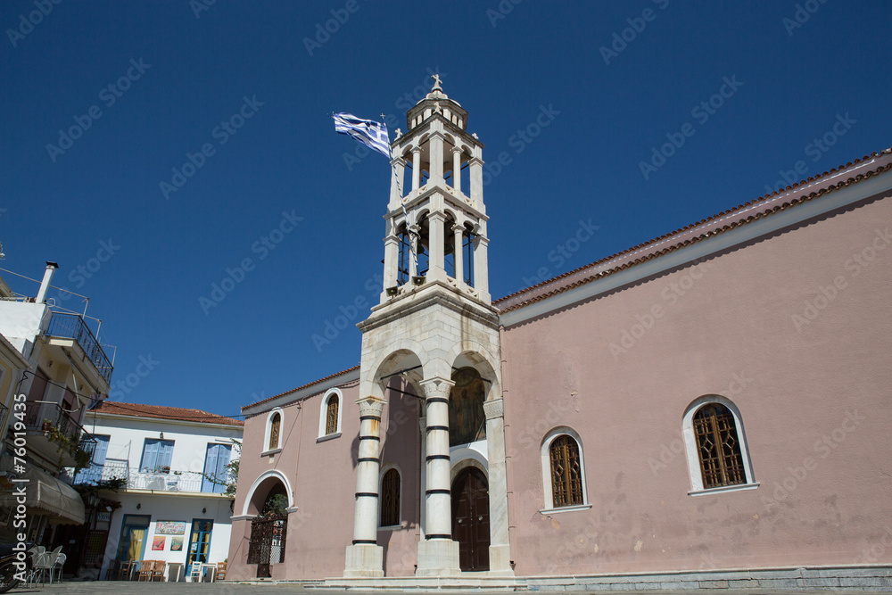 Bell tower on the central square in Skiathos