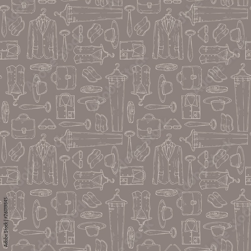 Vector pattern with objects of men's wardrobe on brown color