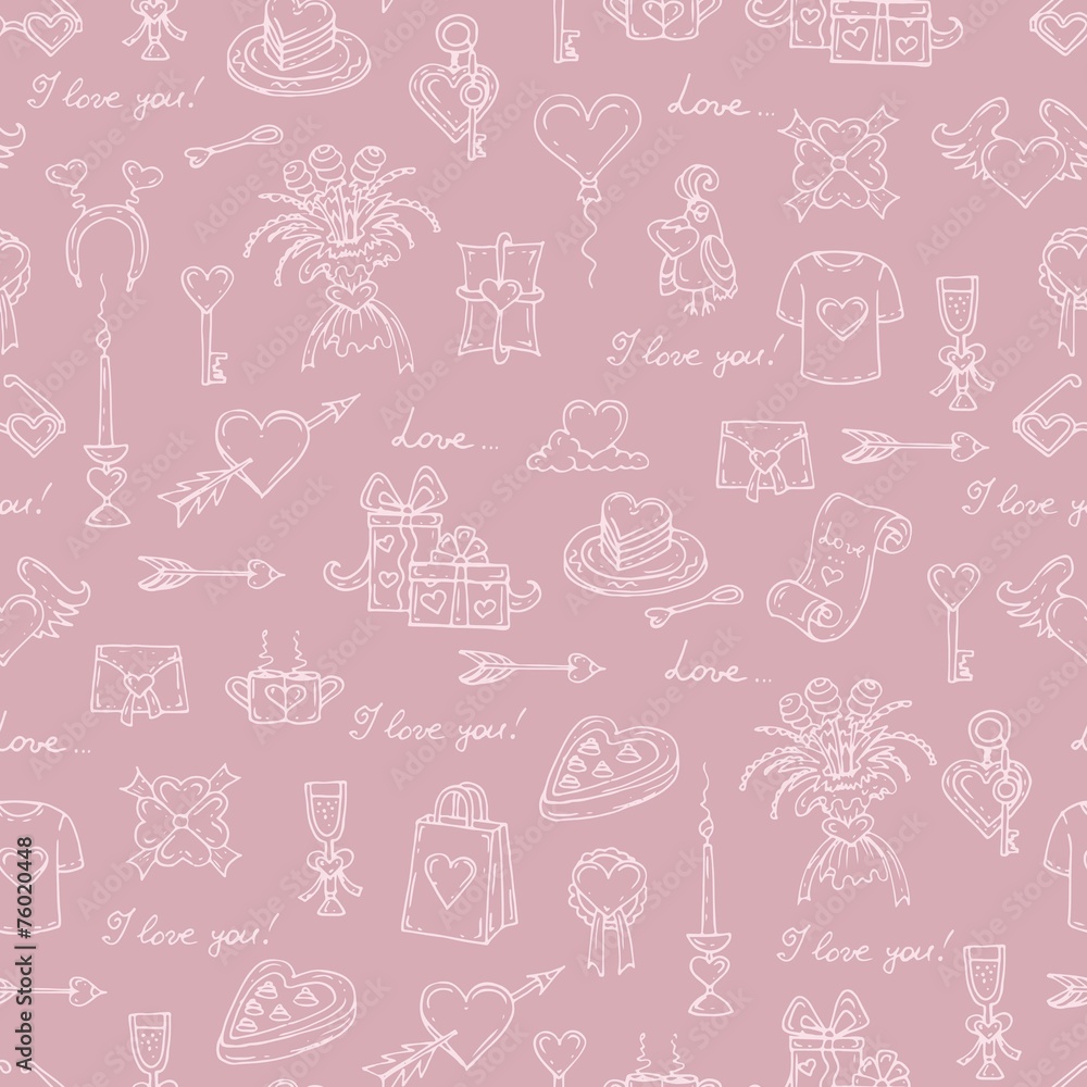 Vector pattern with symbols on the love theme on pink color Vector pattern with symbols on the love theme on pink color
