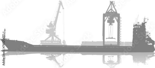Silhouette of ship in port on unloading under the crane