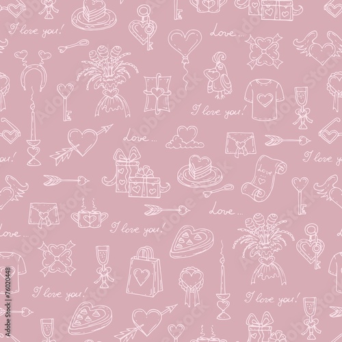 Vector pattern with symbols on the love theme on pink color